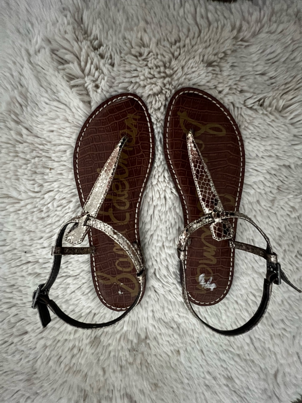 Sam Edelman Brown Footbed Sandals with Metallic Snake-Print Straps
